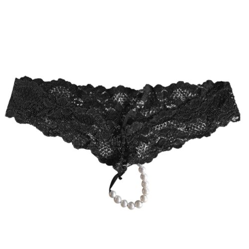 Lace G String with Sexy Stimulating Pearls Black