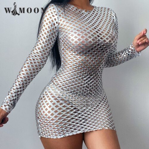 Silver Diamond Mesh Long Sleeve Mini Dress