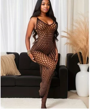 Crotchless fishnet bodysuit